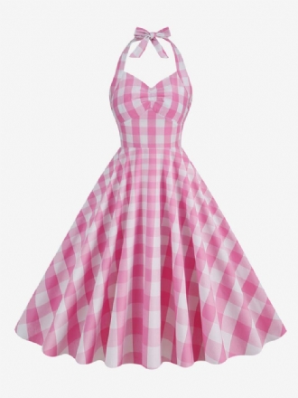 Γυναικείο Vintage Φόρεμα Barbie Pink Gingham 1950s Καρό Πλισέ Halter