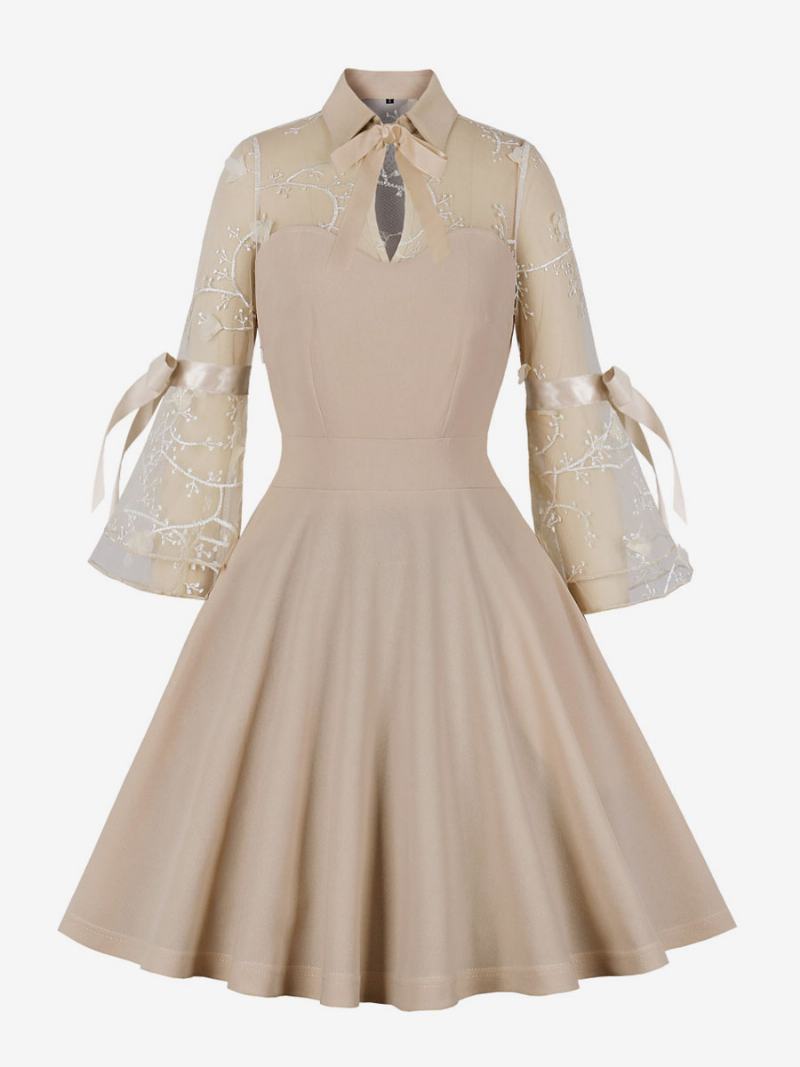 Γυναικείο Vintage Φόρεμα Δεκαετίας Του 1950 Σε Στιλ Audrey Hepburn Με Βερίκοκο Λουλουδάτο Στάμπα Δαντέλα Μακρυμάνικο Γιακά Rockabilly