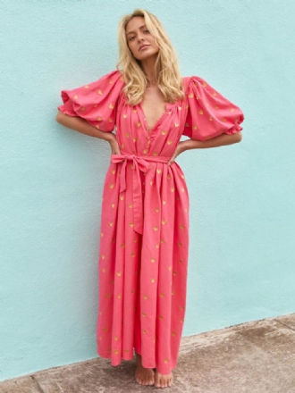 Γυναικείο Καλοκαιρινό Φόρεμα Plunge Heart Printed Lantern Sleeves Ζωσμένες Casual Maxi Φορέματα