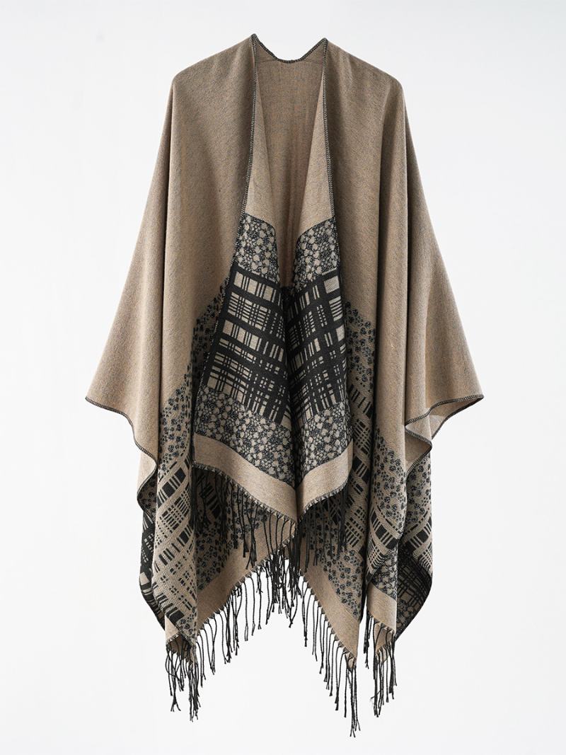 Γυναικείο Καρό Poncho Άνοιξη Φθινοπωρινό Daily Casual Με Κρόσια - Χακί