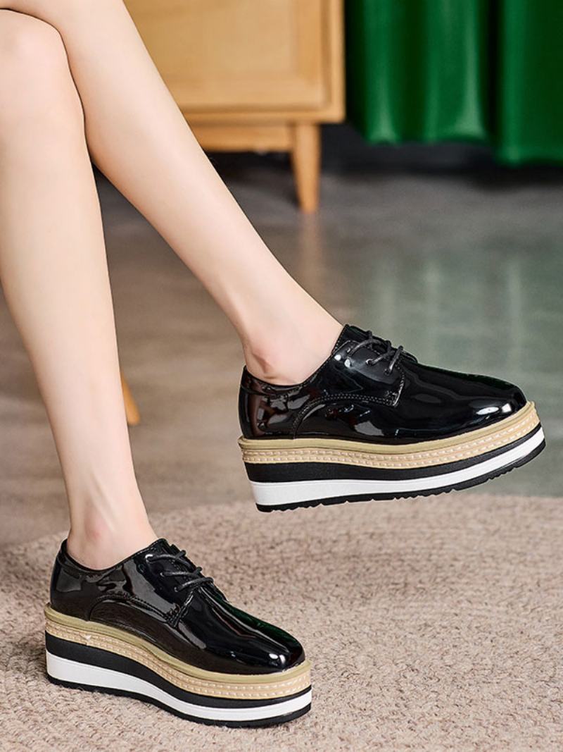 Γυναικείο Λουστρίνι Oxfords Με Στρογγυλό Δάχτυλο Σφήνα Τακούνι - Μαύρο