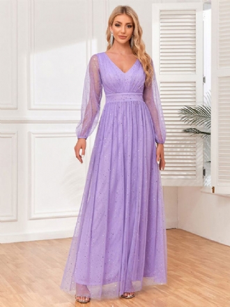 Γυναικείο Μάξι Φόρεμα Με Λαιμόκοψη V Empire Waist Illusion Sleeves Παγιέτες Φορέματα Χορού