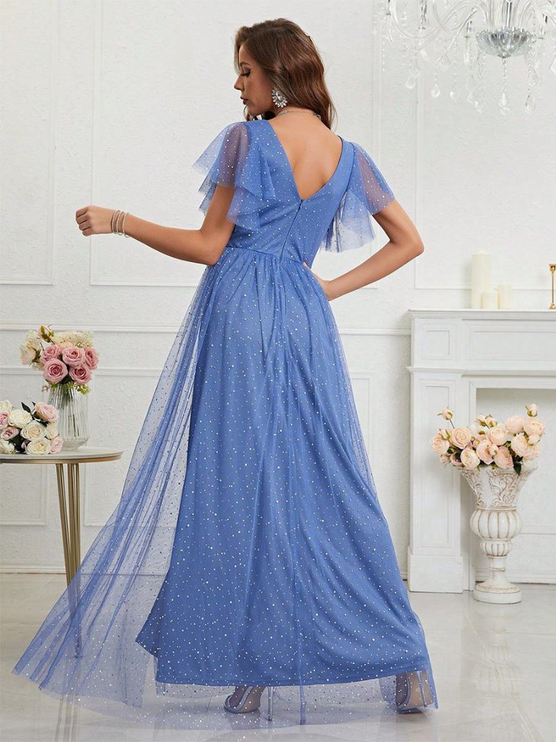 Γυναικείο Μπλε Φόρεμα Prom Surplice Μανίκια Flutter Sleeves Με Λαιμόκοψη Από Τούλι Φορέματα Maxi - Μπλε