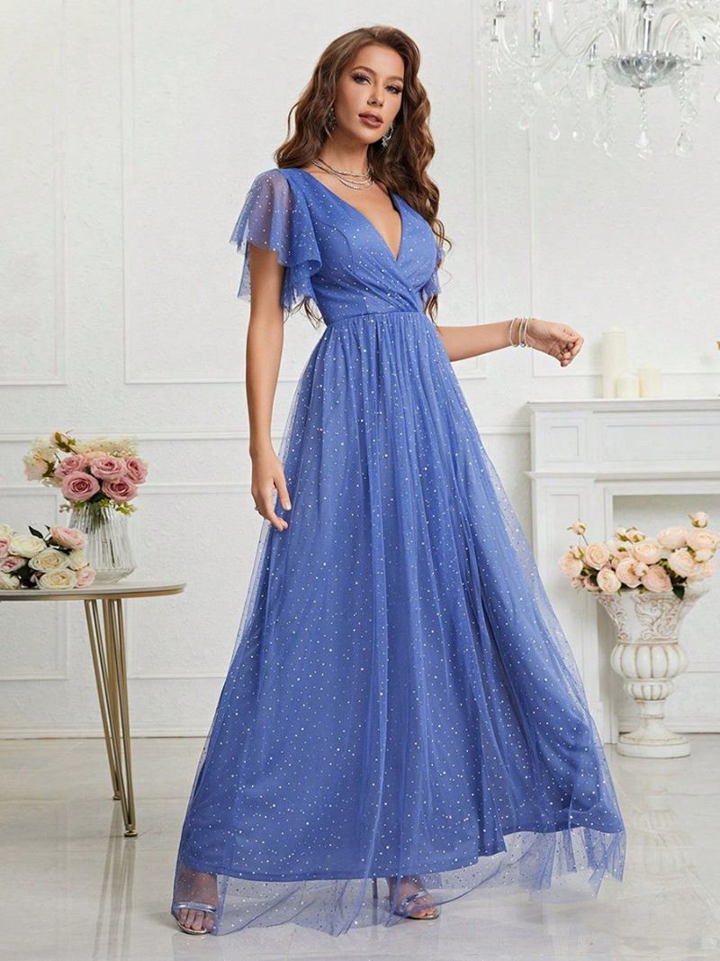 Γυναικείο Μπλε Φόρεμα Prom Surplice Μανίκια Flutter Sleeves Με Λαιμόκοψη Από Τούλι Φορέματα Maxi - Μπλε