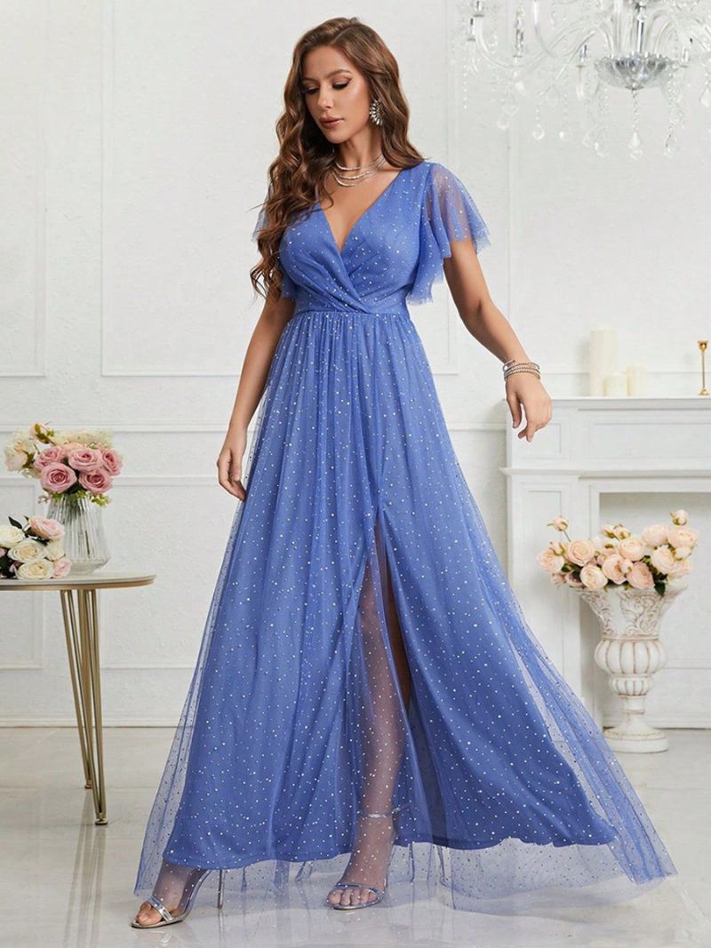 Γυναικείο Μπλε Φόρεμα Prom Surplice Μανίκια Flutter Sleeves Με Λαιμόκοψη Από Τούλι Φορέματα Maxi - Μπλε