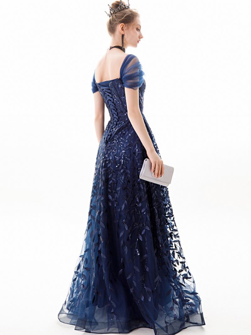 Γυναικείο Σκούρο Μπλε Φόρεμα Sweetheart Cap Sleeves Leaves Studded Prom Maxi Dresses - Βαθύ Μπλε