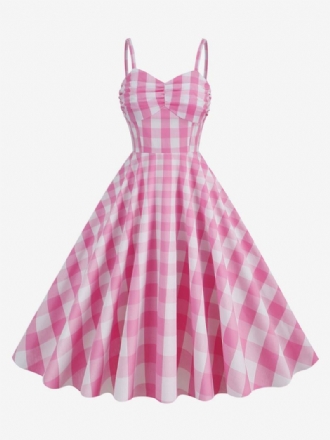 Γυναικείο Φόρεμα Barbie Pink Gingham 1950 Με Πλισέ Τιράντες Καρό Vintage