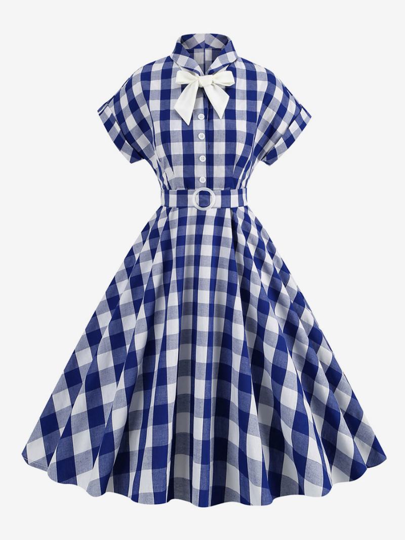 Γυναικείο Φόρεμα Barbie Pink Gingham 1950s Κοντά Μανίκια Καρό Vintage - Βαθύ Μπλε