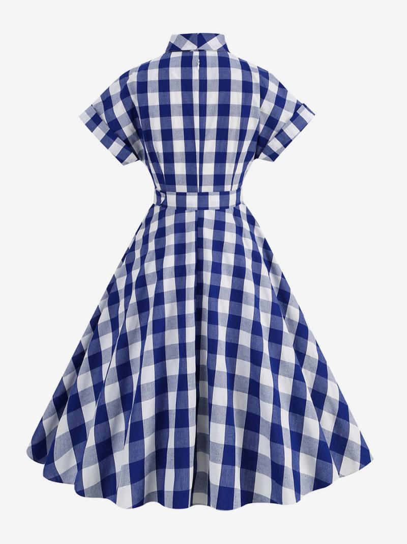 Γυναικείο Φόρεμα Barbie Pink Gingham 1950s Κοντά Μανίκια Καρό Vintage - Βαθύ Μπλε