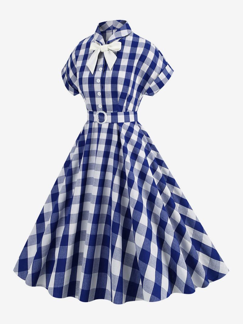 Γυναικείο Φόρεμα Barbie Pink Gingham 1950s Κοντά Μανίκια Καρό Vintage - Βαθύ Μπλε