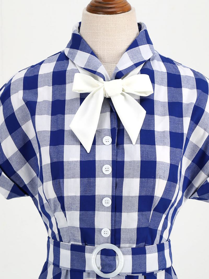 Γυναικείο Φόρεμα Barbie Pink Gingham 1950s Κοντά Μανίκια Καρό Vintage - Βαθύ Μπλε