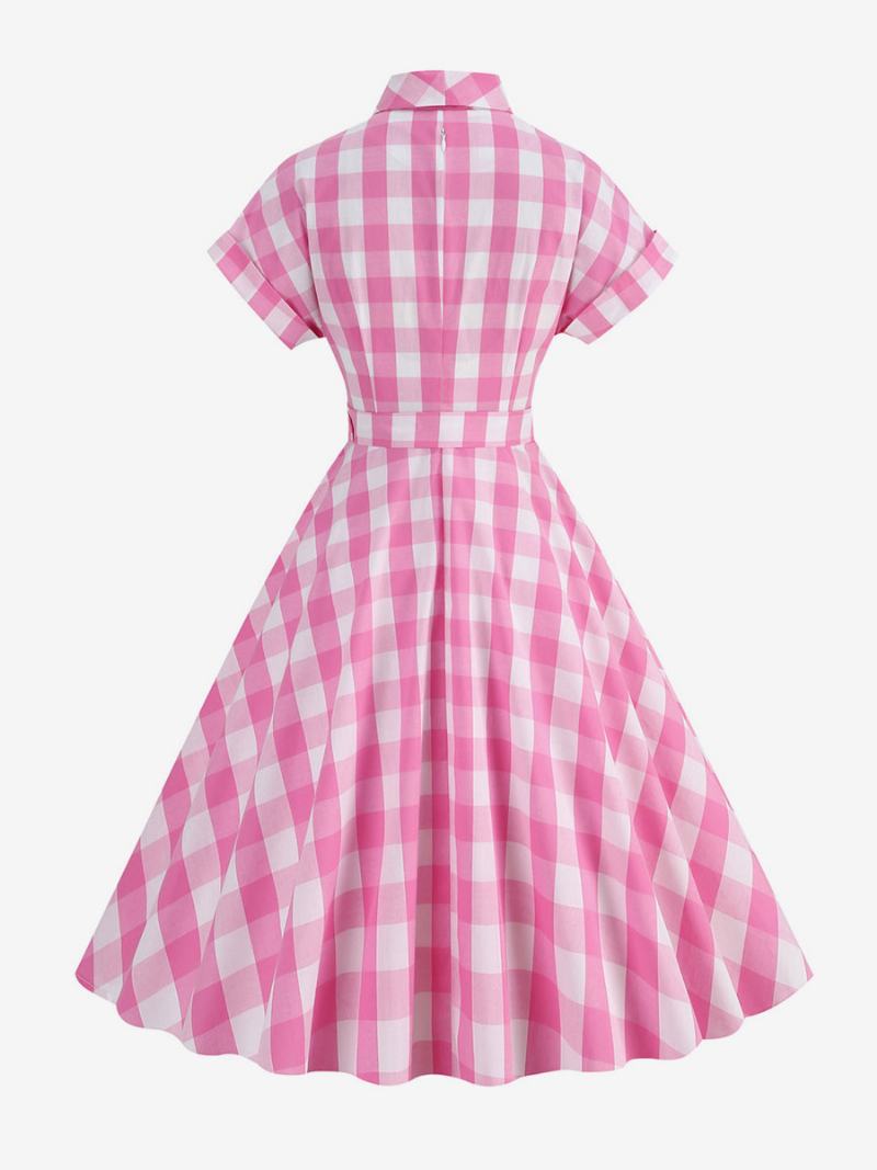 Γυναικείο Φόρεμα Barbie Pink Gingham 1950s Κοντά Μανίκια Καρό Vintage - Ροζ