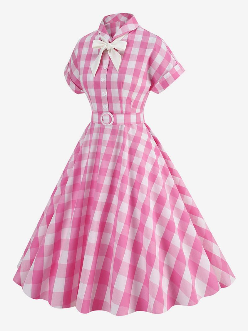 Γυναικείο Φόρεμα Barbie Pink Gingham 1950s Κοντά Μανίκια Καρό Vintage - Ροζ