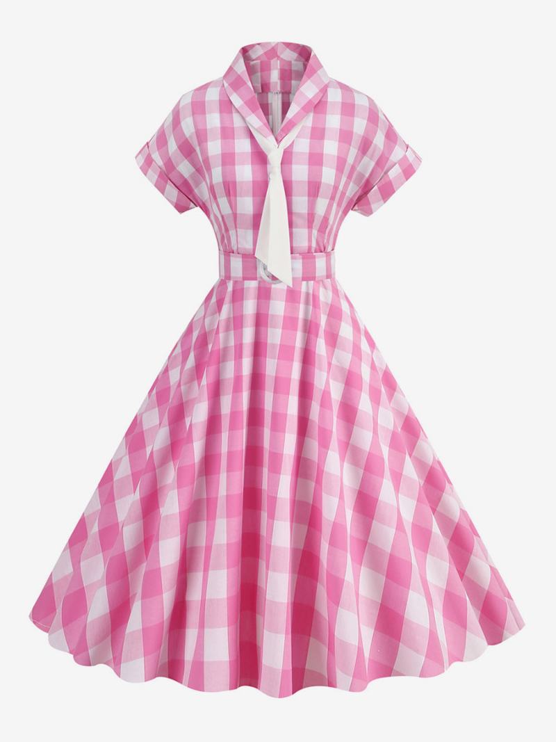 Γυναικείο Φόρεμα Barbie Pink Gingham 1950s Κοντά Μανίκια Καρό Vintage - Ροζ