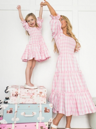 Γυναικείο Φόρεμα Barbie Pink Gingham Γονέα-παιδιού Με Τετράγωνο Καρό Μεσαίο Καλοκαιρινό