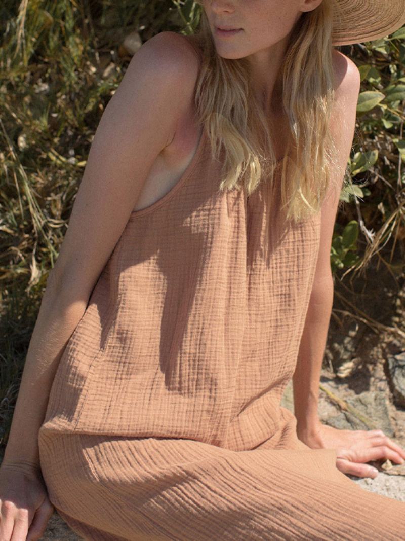 Γυναικείο Φόρεμα Boho Lace Up Με Λαιμόκοψη Αμάνικο Υπερμεγέθη Παραλίας - Ροζ Λωτού