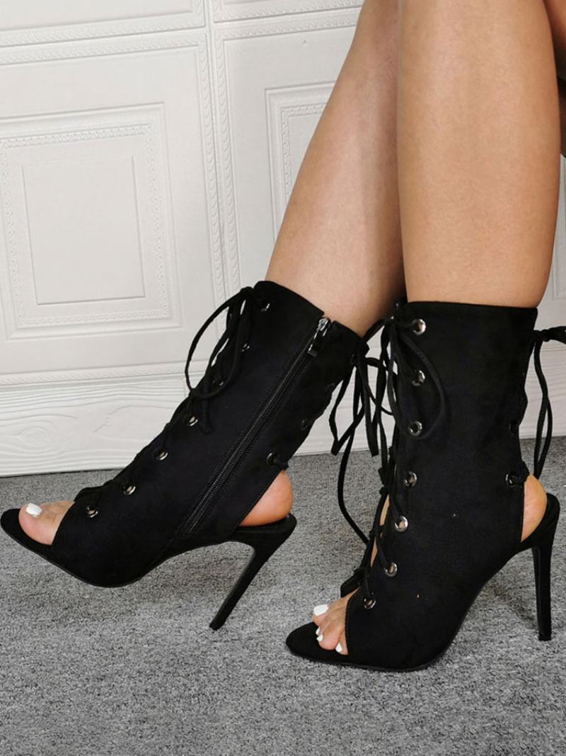Καφέ Σανδάλια Μποτάκια Ψηλοτάκουνα Peep Toe Us 4-us13 Lace Up Nubuck Για Γυναίκες