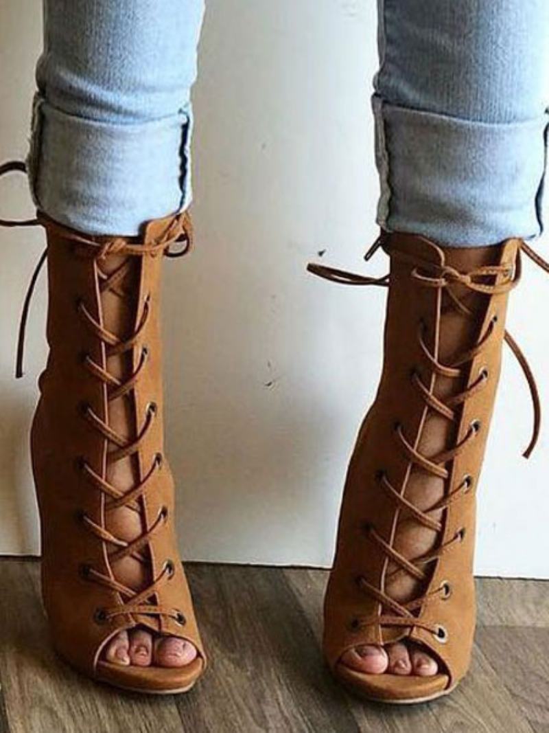 Καφέ Σανδάλια Μποτάκια Ψηλοτάκουνα Peep Toe Us 4-us13 Lace Up Nubuck Για Γυναίκες - Καφέ Καφέ
