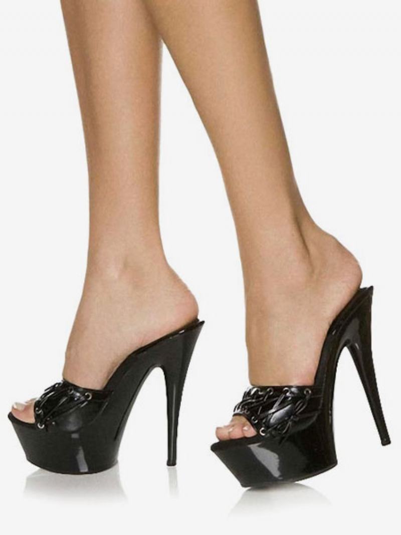 Μαύρα Σέξι Πέδιλα Πλατφόρμα Peep Toe Lace Up Stiletto Σανδάλι Με Τακούνι Παντόφλες Γυναικεία Ψηλοτάκουνα