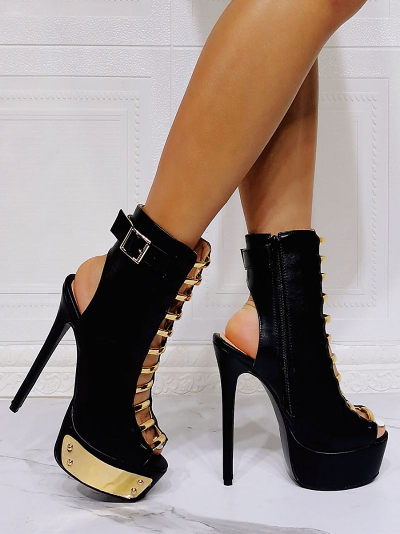 Μαύρες Καλοκαιρινές Μπότες Για Γυναίκες Peep Toe Stiletto Heel Pu Δερμάτινα Μποτάκια - Μαύρος