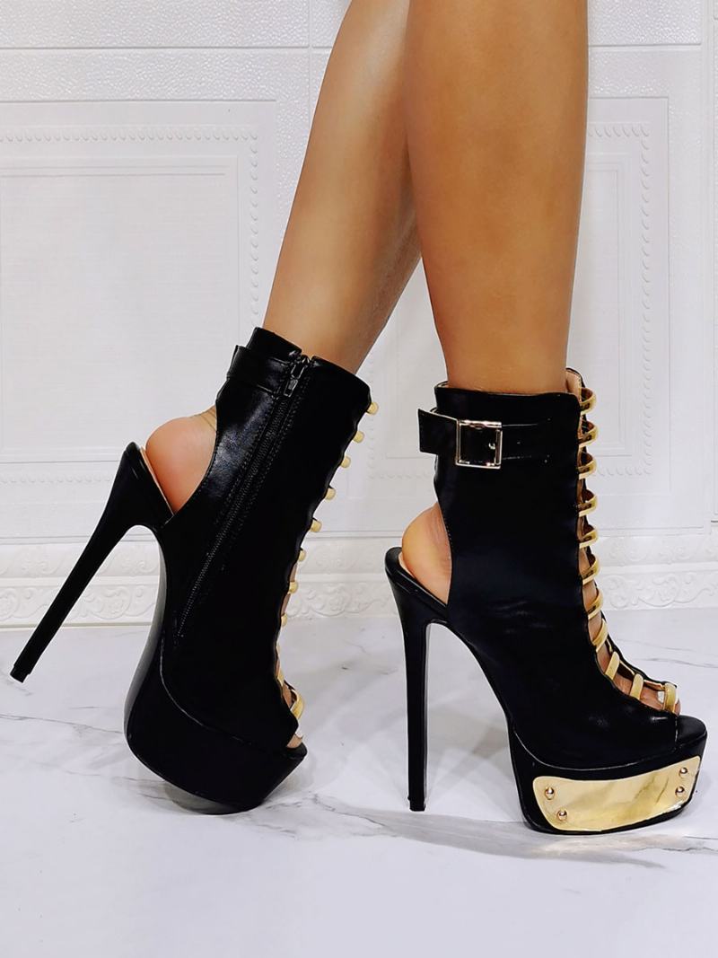 Μαύρες Καλοκαιρινές Μπότες Για Γυναίκες Peep Toe Stiletto Heel Pu Δερμάτινα Μποτάκια - Μαύρος