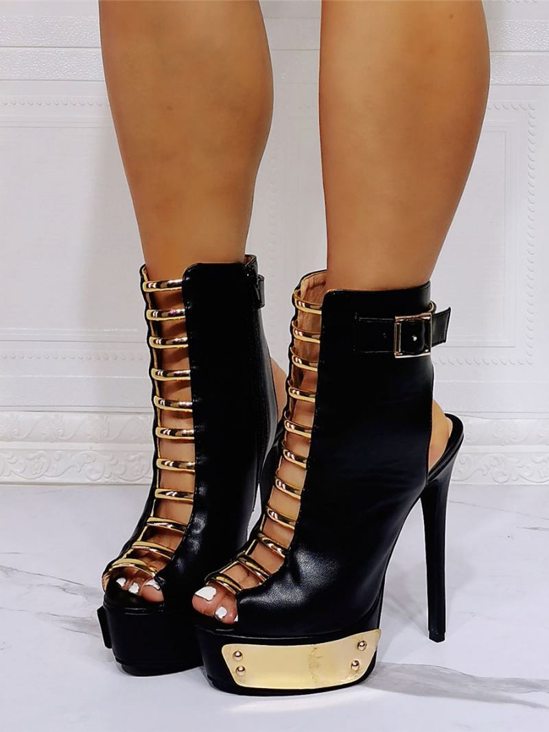 Μαύρες Καλοκαιρινές Μπότες Για Γυναίκες Peep Toe Stiletto Heel Pu Δερμάτινα Μποτάκια - Μαύρος