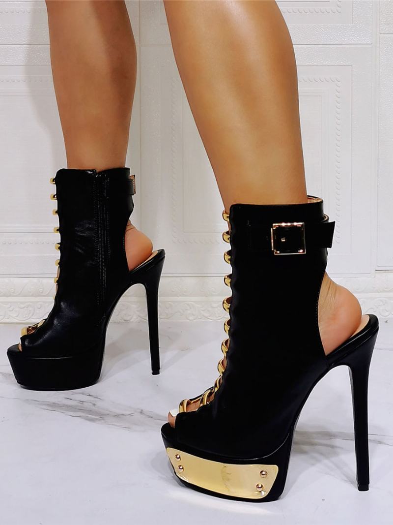 Μαύρες Καλοκαιρινές Μπότες Για Γυναίκες Peep Toe Stiletto Heel Pu Δερμάτινα Μποτάκια - Μαύρος