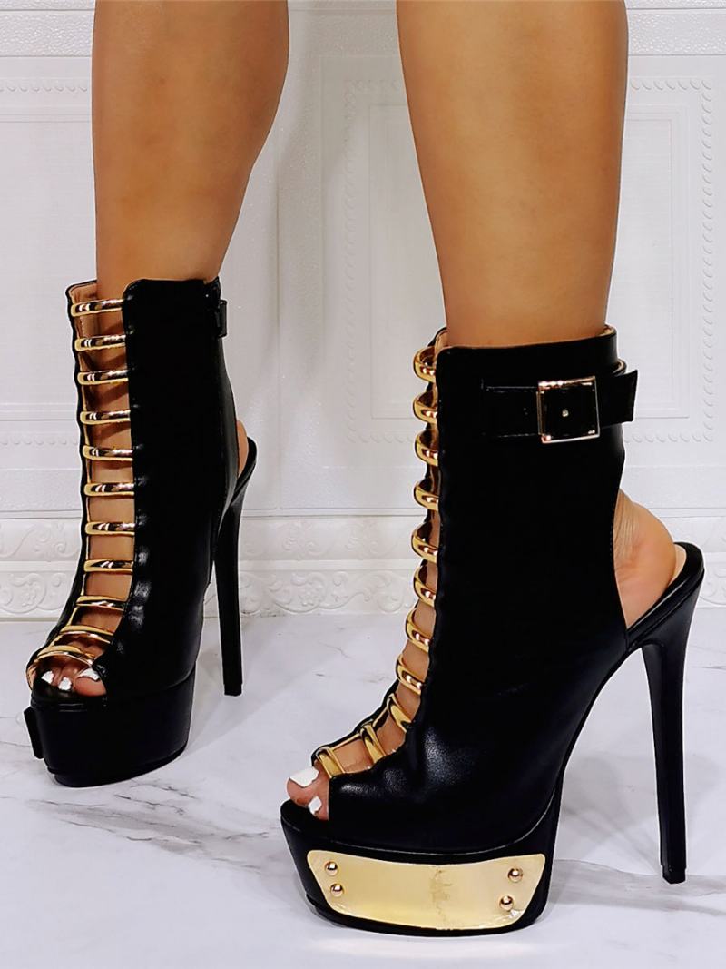 Μαύρες Καλοκαιρινές Μπότες Για Γυναίκες Peep Toe Stiletto Heel Pu Δερμάτινα Μποτάκια - Μαύρος