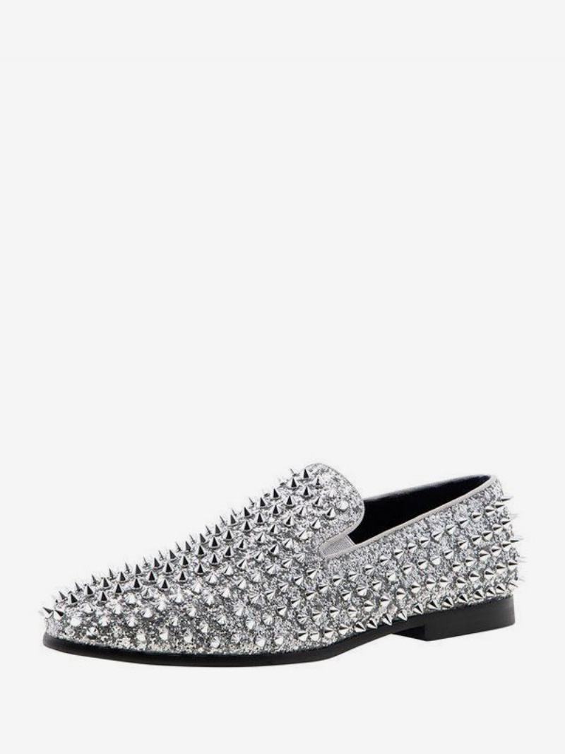 Παπούτσια Loafer Ανδρικά Γάμου Με Παγιέτες Glitter Spikes Rivets Slip-on Prom Party Γαμήλια - Ασημί