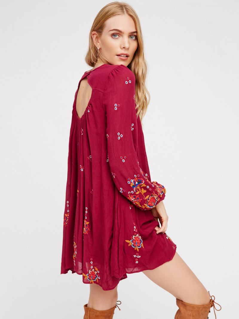 Φόρεμα Boho Κοσμήματα Με Λαιμόκοψη Μακριά Μανίκια Κεντητό Bohemian Gypsy Beach Vacation White Spring Summer Short Shift Για Γυναίκες - Κόκκινο